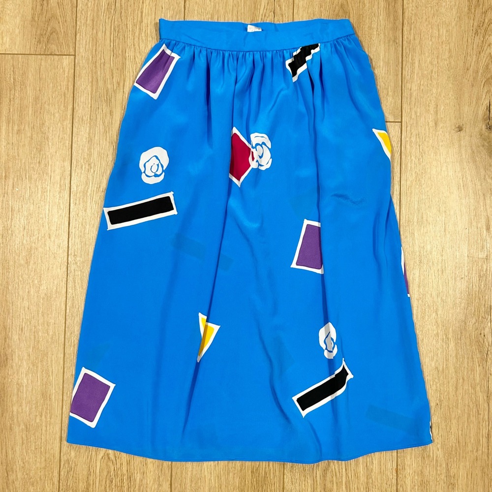 Vintage 80s Blue Geometric Pop Art Midi Skirt Abstract Memphis Design 26 Small 8